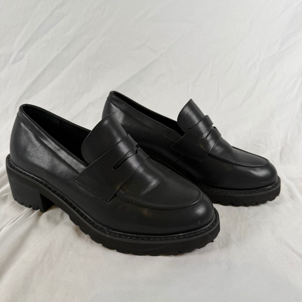 Black Lug Sole Penny Loafers Chunky Block Heel Round Toe Shoes Womens 10W